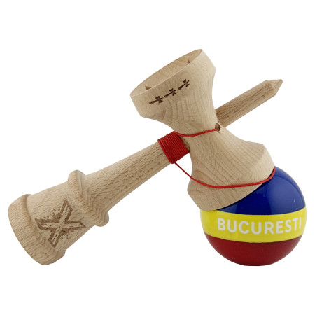Kendama X Originala, Profesionala, Cyrax, Tricolor Edition BUCURESTI, Super Sticky cu Cupe Mari KING SIZE V3, Rulment Metalic si Gaura in Baza, din Lemn 18 cm, Ata 62/65 cm, Multicolor