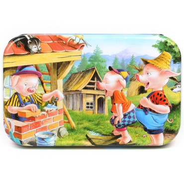 Puzzle 60 de Piese din Lemn in Cutie Metalica, Cyrax, Model Cei Trei Purcelusi, Educativ, Dezvoltare Abilitati Cognitive, pentru Prescolari, 22.5x13.5 cm, Multicolor