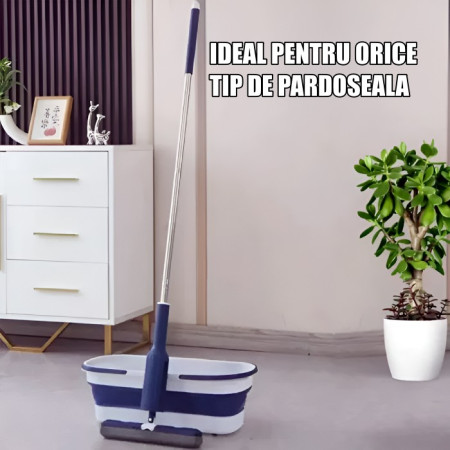 Set Mop Telescopic cu Galeata Pliabila,  Albastru, 32 cm, Maner Reglabil 140 cm, Sistem de Stoarcere Eficient