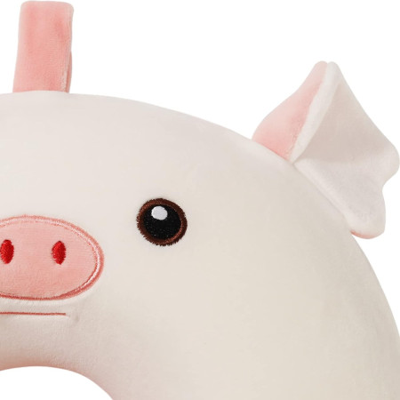 Perna de Calatorie in Forma de U,  Pentru Gat si Cap, Umplutura din Spuma cu Memorie, 30x30 cm, Model Purcelus, Accesoriu de Voiaj, Birou, Masina, Sistem Prindere Capse, Alb-Roz