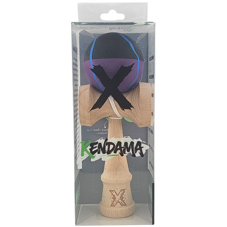 Kendama X Originala, Profesionala, Cyrax, din Lemn, Rubber Grip, 18 cm, Negru/Mov/Albastru