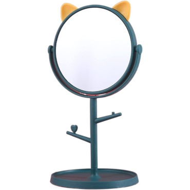 Oglina Cosmetica cu Picior, Cyrax, HD, Rotire 360 Grade, 15 cm Diametru, Suport Bijuterii Baza Rotunda + 2 Brate, Model cu Urechi, 31 x 14.5 x 15 cm, din Plastic, Albastru/Galben