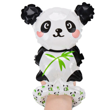 Balon din Folie Metalizata, Cyrax, Figurine Animalute, Tip Bratara, Model Panda, 13 x 35 cm, Ambalaj Individual, Pai Inclus, Umflare cu Aer sau Heliu, Alb/Negru