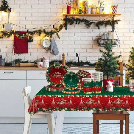 Fata de Masa Festiva, Cyrax, Dreptunghiulara, Imprimeu Merry Christmas, Tema Craciun, Rezistenta la Apa, din PVC, 137 x 274 cm, Rosu/Verde