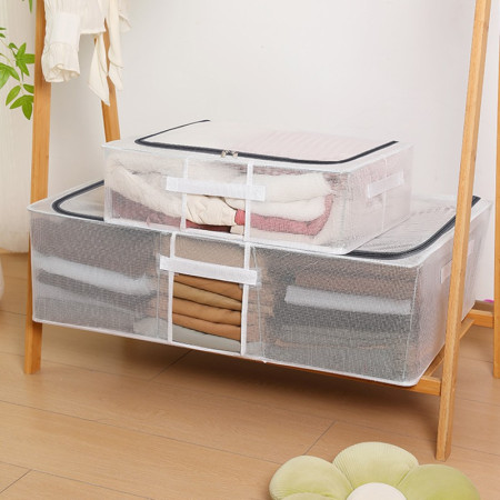 Cutie de Depozitare,  pentru Haine, Incaltaminte, din Plasa PVC Impermeabila si Manere Laterale, Pliabila, Fermoar Bidirectional, 80 x 47 x 18 cm, Transparenta