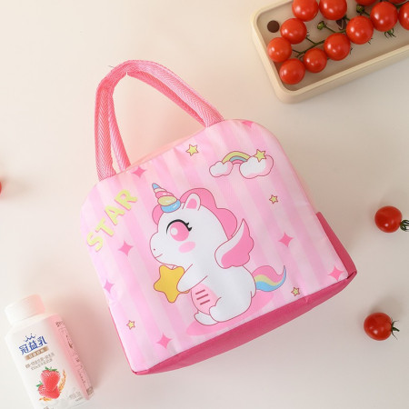 Geanta Termoizolanta pentru Copii, Cyrax, 23x13x19 cm, Model Imprimeu Unicorn, din Folie de Aluminiu si Panza Oxford, Roz