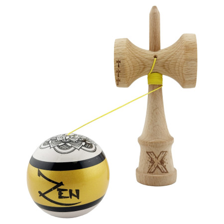 Kendama X ZEN Originala, Profesionala, Cyrax, Big Cups V2, Super Sticky Legendary Cupe Mari, Rulment Metalic cu Ata 55 cm, Auriu/Alb