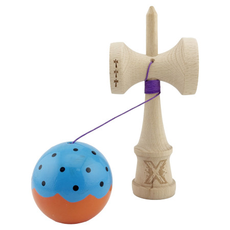 Kendama X Originala, Profesionala, Cyrax, Big Cups V2, Super Sticky cu Cupe Mari, din lemn 18 cm, Rulment Metalic cu Ata 55 cm, Albastru/Portocaliu