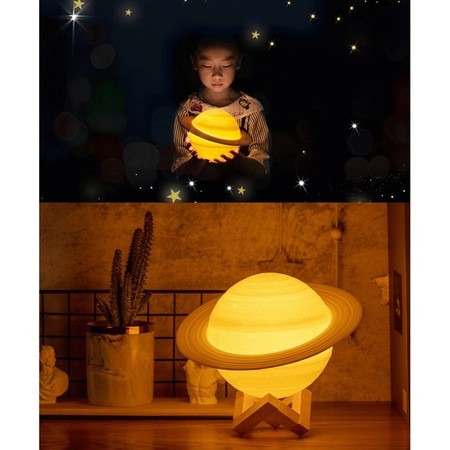 Lampa de veghe in forma de Saturn 3D Saturn Light, alimentare baterii, stand plastic inclus, 15 cm,  Alb Cald