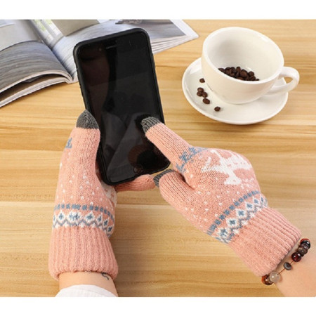 Manusi de Dama,  Model Ren, Functie Touchscreen (ecran tactil), Material Acril Tricotat, Manseta Elastica, Interior Catifelat, Marime Universala, Roz