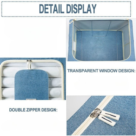 Cutie de Depozitare Pliabila,  24 L, din Bumbac si In, 40x30x20 cm, Fereastra Frontala, 2 Usi de Acces cu Fermoar Bidirectional, Cadru Metalic, Suport Baza Stabil din Plastic, Bleu