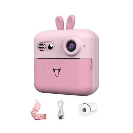 Camera Instantanee pentru Copii, Cyrax, cu Functie de Printare, Cablu USB-C, Bluetooth, Compatibil iOS/Android, Imprimare APP, Model Iepure, Snur de Agatat Inclus, Roz