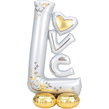 Balon din Folie Metalizata, Cyrax, Figurine, Model LOVE, Tematica Iubire, 110x64 cm, Ambalaj Individual, Pai Inclus, Umflare cu Aer sau Heliu, Alb