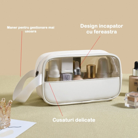 Geanta cosmetice Cyrax, pentru voiaj sau organizare, material PVC/textil, impermeabila, portabila, 22 x 12 x 8 cm, alb