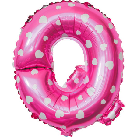 Balon Folie Metalizata Litera Q, Cyrax, 40 cm, Cu Imprimeu Inimioare, Umflati cu Heliu sau Aer, Ambalaj Individual, Pai inclus, Roz