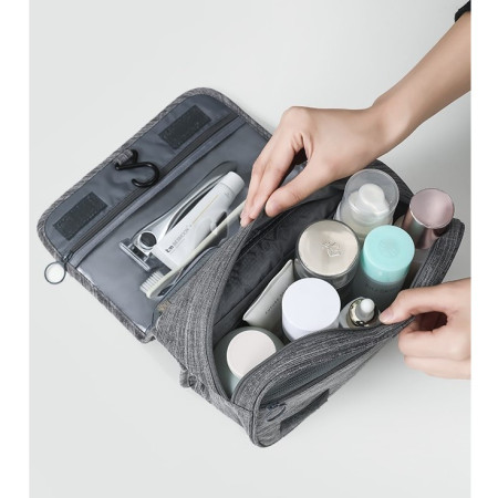 Geanta cosmetice voiaj, Cyrax, material panza, impermeabil, 3 compartimente, cu agatatoare, Gri, 47 x 28 x 20   cm