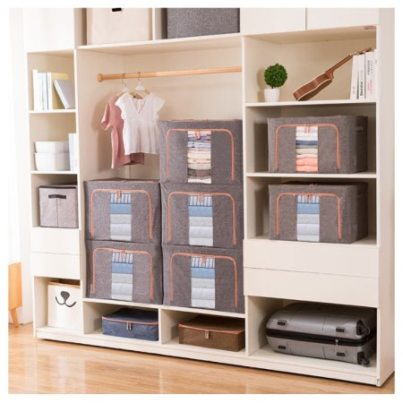 Cutie de Depozitare Pliabila,  24 L, din Bumbac si In, 40x30x20 cm, 2 Ferestre, Frontala si Laterala, 2 Usi de Acces cu Fermoar Bidirectional, Cadru Metalic, Suport Baza Stabil din Plastic, Gri