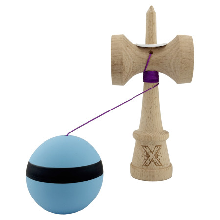 Kendama X Originala, Profesionala, Cyrax, Cupe Mari KING SIZE V3, Rubber Grip, Gaura in Baza, Rulment Metalic, din lemn 18 cm, Ata 62/65 cm, M Bleu/Negru/Bleu