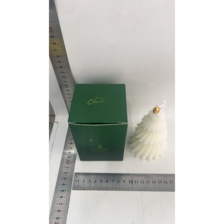 Lumanare de Craciun Parfumata,  Lumanare Rotativa cu Aromaterapie, Model Brad de Craciun forma Lunga, din Ceara de Soia, 11 x 8 x 8 cm, Alb