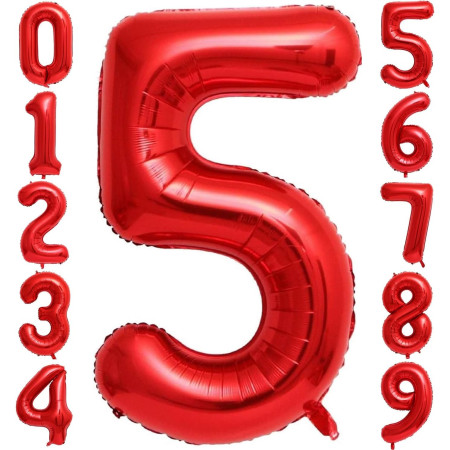 Balon din Folie Metalizata Cyrax, Figurina Cifra, Tema Aniversare 80 cm, Ambalaj Individual, Pai inclus, Umflare cu Aer sau Heliu, Rosu, Cifra 5