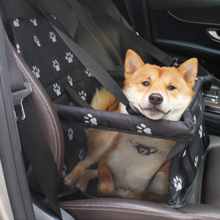 Suport pentru Animalele de Companie,  pentru Masina, cu Prindere de Scaun si Centura de Siguranta, Negru cu Imprimeu, 40x32x42cm