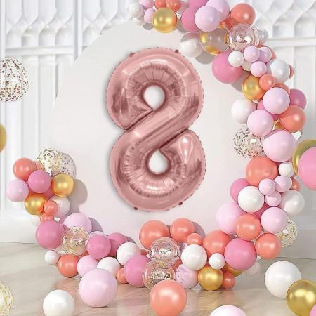 Balon din Folie Metalizata Cyrax, Figurina Cifra, Tema Aniversare 80 cm, Ambalaj Individual, Pai inclus, Umflare cu Aer sau Heliu, Rose Gold, Cifra 8