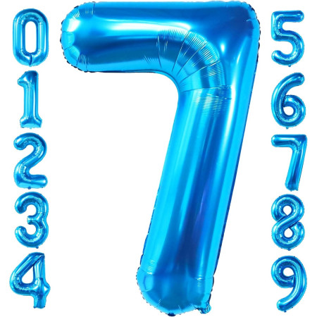Balon din Folie Metalizata, Cyrax, Figurina Cifra, Tema Aniversare 100 cm, Ambalaj Individual, Pai inclus, Umflare cu Aer sau Heliu, Albastru, Cifra 7