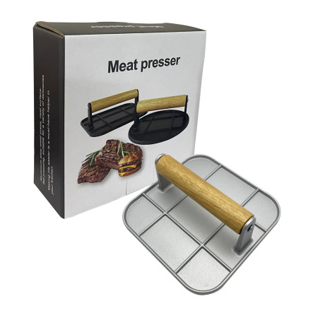 Presa Manuala pentru Carne, Cyrax, din Aliaj de Aluminiu, Maner din Lemn, Presa pentru Burgeri, Usor de Curatat si Folosit, Patrata, 16x16x6 cm, Gri