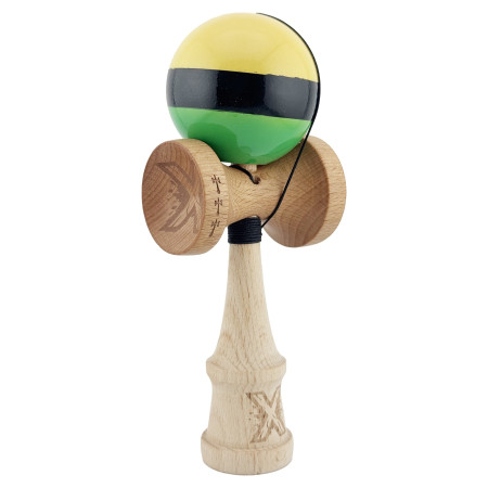 Kendama X Originala, Profesionala, Cyrax, Big Cups V2, Super Sticky cu Cupe Mari, Rulment Metalic, din lemn 18 cm, Ata 55 cm, Galben/Negru/Verde