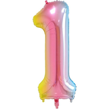 Balon din Folie Metalizata Gradient Cyrax, Figurina Cifra, Tema Aniversare 100 cm, Ambalaj Individual, Pai inclus, Umflare cu Aer sau Heliu, Multicolor, Cifra 1