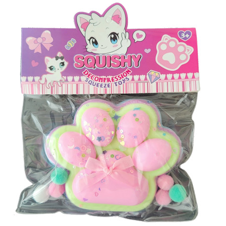 Jucarie Antistres Squishy, Cyrax, cu Revenire Lenta, Model Labuta de Pisica Pufoasa, 12.5x10.5 cm, 200g, Squeeze Pinch Family, Ambalaj Transparent, Roz Curcubeu