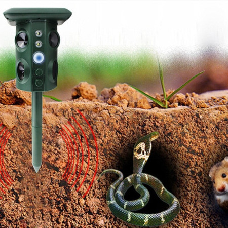 Aparat Solar LED cu Ultrasunete,  Repelent pentru Animale Mari si Mici, Lumina Rosie si Alba, Anti Rozatoare, Anti Insecte, Frecventa 13.5KHZ-45.5KHZ, Senzor PIR, 15.5 x 15.4 x 26.2 cm, Verde