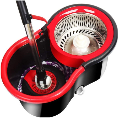 Set mop rotativ cu galeata  material plastic si microfibra, rezistent, cu dop scurgere, vas detasabil, pentru interior, capacitate 8 l, negru/rosu