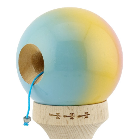 Kendama X Originala, Profesionala, Cyrax, Big Cups V2, Super Sticky cu Cupe Mari, din lemn 18 cm, Rulment Metalic cu Ata 55 cm, Roz/Galben/Albastru