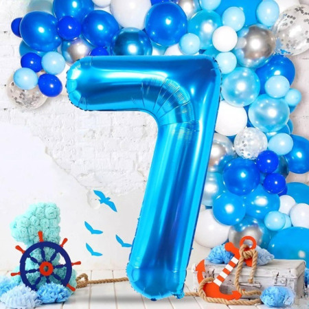 Balon din Folie Metalizata, Cyrax, Figurina Cifra, Tema Aniversare 100 cm, Ambalaj Individual, Pai inclus, Umflare cu Aer sau Heliu, Albastru, Cifra 7