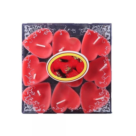Set 9 Lumanari in Forma de Inima,  pentru Ziua Indragostitilor, Aroma de Capsuni, Ardere 3.5 h, din Parafina, 4 x 2 cm, Rosu