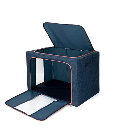 Cutie de Depozitare Pliabila,  Cu Fermoar, 24 L, Textil, 40x30x20 cm, Cadru Metalic, Suport Baza Stabil din Plastic, Albastru Marin cu Doua Ferestre
