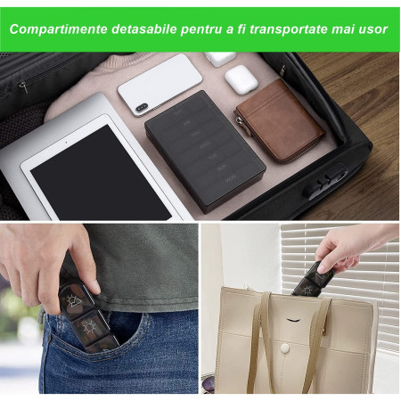 Cutie Depozitare Medicamente,  7 Zile, 21 Compartimente, Cutie Suport, Recipiente Detasabile, Portabila, Negru, 15.6x12 cm