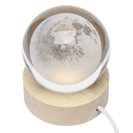 Lampa LED Decorativa,  cu Bila de Cristal cu Diametru 6cm, Model Luna 3D, Alimentare USB, Suport din Lemn, Lumina Alb Cald