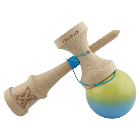 Kendama X Originala, Profesionala, Cyrax, Big Cups V2, Super Sticky cu Cupe Mari, din lemn 18 cm, Rulment Metalic cu Ata 55 cm, Galben/Albastru