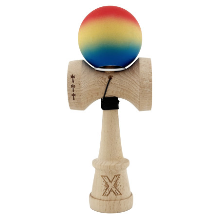 Kendama X Originala, Profesionala, Cyrax, Cupe Mari KING SIZE V3, Rubber Grip, Gaura in Baza, Rulment Metalic, din lemn 18 cm, Ata 62/65 cm, Gradient Rosu/Galben/Albastru