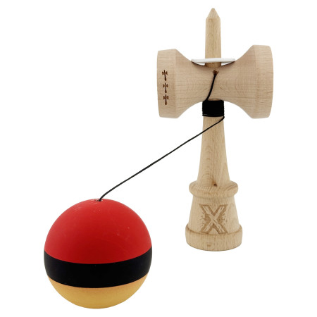 Kendama X Originala, Profesionala, Cyrax, Cupe Mari KING SIZE V3, Rubber Grip, Gaura in Baza, Rulment Metalic, din lemn 18 cm, Ata 62/65 cm, M Rosu/Negru/Galben