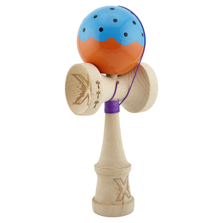 Kendama X Originala, Profesionala, Cyrax, Big Cups V2, Super Sticky cu Cupe Mari, din lemn 18 cm, Rulment Metalic cu Ata 55 cm, Albastru/Portocaliu