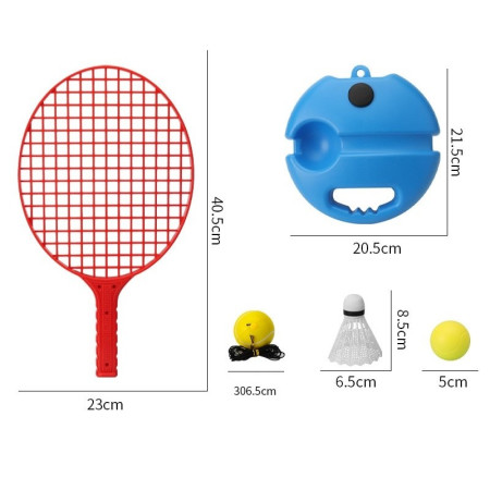 Set Badminton pentru Copii, Cyrax, Doua Palete, Fluturas, 2 Mingi, Minge cu Elastic pentru Antrenament, Suport de Prindere Stabil, 40.5x23 cm, Rosu Galben