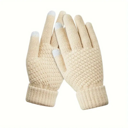 Manusi de Dama,  Functie Touchscreen (ecran tactil), Material Acril Tricotat, Manseta Elastica, Interior Catifelat, Marime Universala, Bej