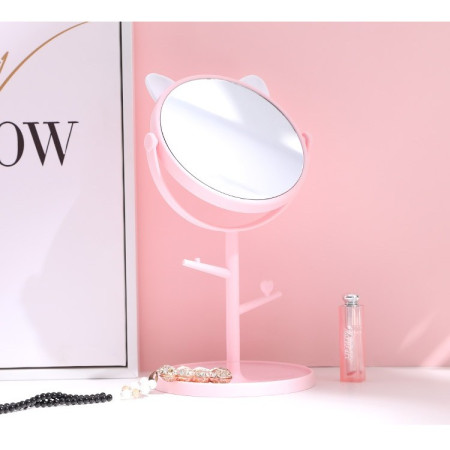 Oglina Cosmetica cu Picior, Cyrax, HD, Rotire 360 Grade, 15 cm Diametru, Suport Bijuterii Baza Rotunda + 2 Brate, Model cu Urechi, 31 x 14.5 x 15 cm, din Plastic, Roz/Alb