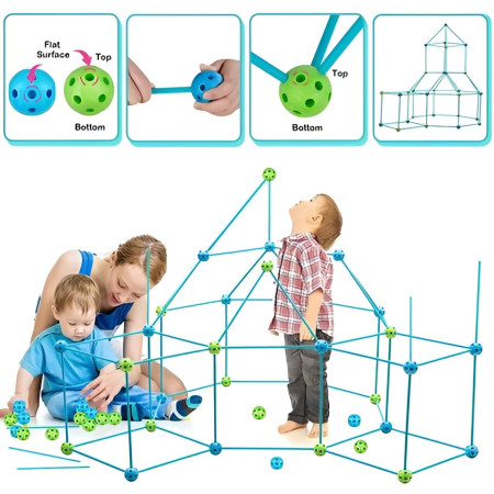Kit de Constructie Fort 3D pentru Copii, Cyrax, 560 g, 36 Sfere, 51 Tije, Panza Verde Impermeabil, 3 ani, Educativ, Multicolor