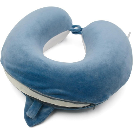 Perna de Calatorie in Forma de U,  Pentru Gat si Cap, Umplutura din Spuma cu Memorie, 30x30 cm, Model Rechin, Accesoriu de Voiaj, Birou, Masina, Sistem Prindere Capse, Albastru