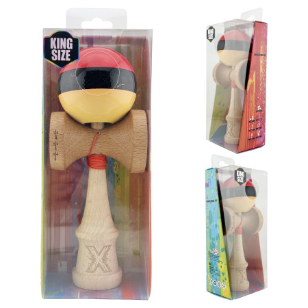 Kendama X Originala, Profesionala, Cyrax, Big Cups V2, Super Sticky cu Cupe Mari, Rulment Metalic, din lemn 18 cm, Ata 55 cm, Rosu/Negru/Galben