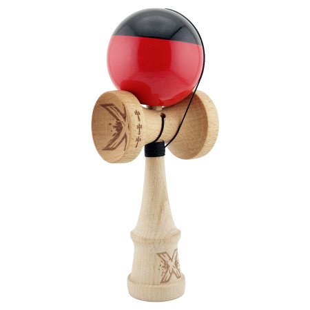 Kendama X Originala, Profesionala, Cyrax, Big Cups V2, Super Sticky cu Cupe Mari, Rulment Metalic, din lemn 18 cm, Ata 55 cm, Negru/Rosu